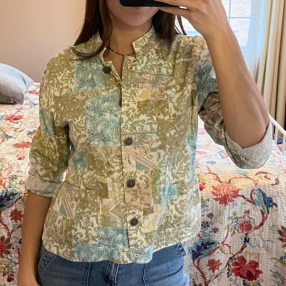 Christopher & Banks Patchwork-Print Button Down Top in Light Green and Blue